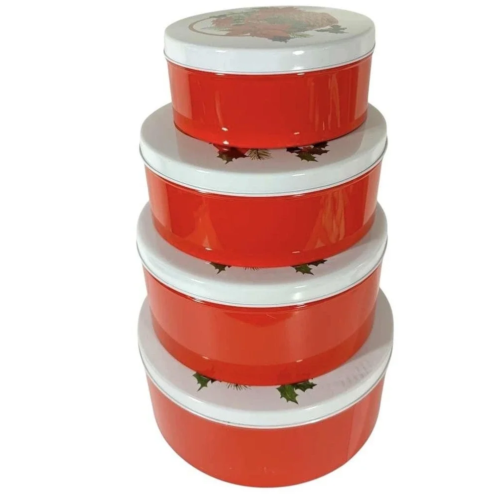 Vintage 90's Home Beautiful 4pc Nested Christmas‎ Holiday Poinsettia Cookie Tins